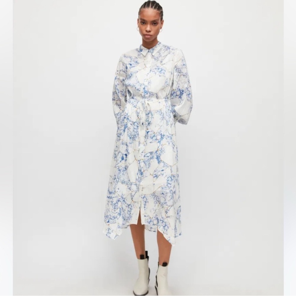 All Saints Blue and White Floral Long Sleeve Linen Buruberu Dress Sz. 8